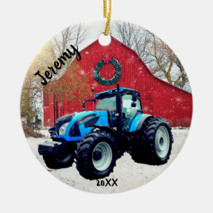 Modern Blue Tractor Kerstmis Keramisch Ornament