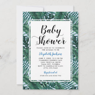 Modern Blue Tropical Palm Leaves Baby Boy Shower Kaart