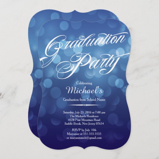 Modern Blue Typography Bokeh Graduation Party Kaart (Voorkant / Achterkant)