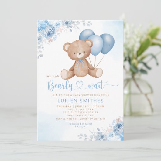 Modern Blue Waterverf Boho Teddy Bear Baby shower Kaart (Staand voorkant)