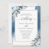 Modern Blue Waterverf en Blue Floral Wedding Kaart (Voorkant)