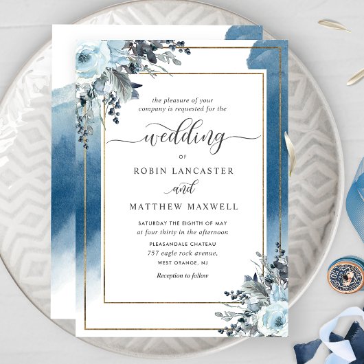 Modern Blue Waterverf en Blue Floral Wedding Kaart