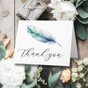 Modern Blue Waterverf Feather Wedding Bedankkaart
