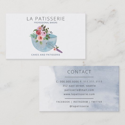 Modern Blue Waterverf Floral Bakery Pastry Chef Visitekaartje (Voorkant / Achterkant)
