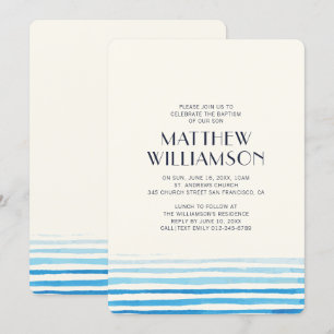 Modern Blue Waterverf Stripes doopuitnodiging Kaart