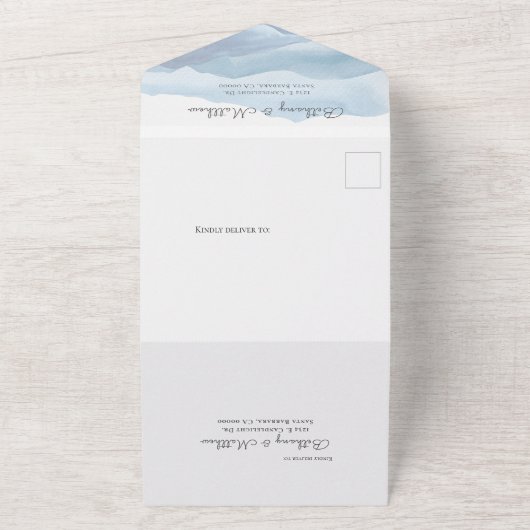 Modern Blue Waterverf Wedding All In One Uitnodiging (Buitenkant)