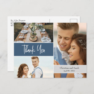 Modern Blue Wedding Photo collage Hartelijk dank Briefkaart