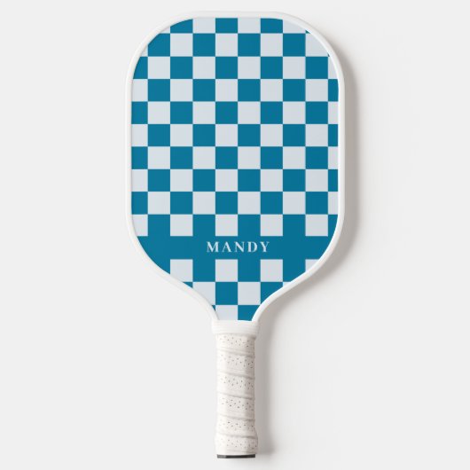 Modern Blue & White Checkerboard Custom Name Pickleball Paddle (Voorkant)