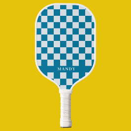 Modern Blue & White Checkerboard Custom Name  Pickleball Paddle