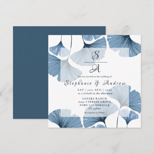 Modern Blue & White Foliage Wedding Kaart (Voorkant / Achterkant)