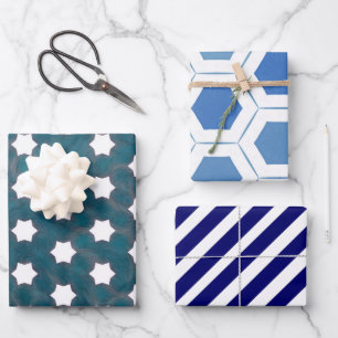 Modern Blue White Geometric Inpakpapier Vel