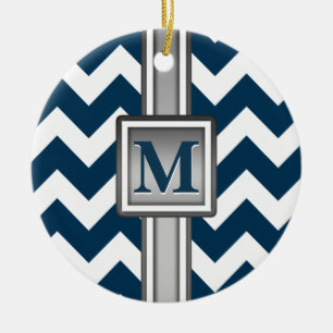 Modern Blue White Gray Monogrammed Chevron Keramisch Ornament