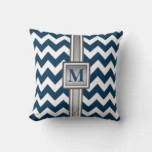 Modern Blue White Gray Monogrammed Chevron Kussen
