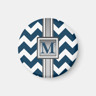Modern Blue White Gray Monogrammed Chevron Magneet