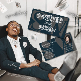 Modern Blue White Grey met Foto Logo Monogram Visitekaartje