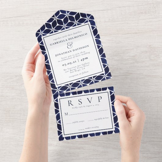 Modern Blue White Moroccan Pattern All In One Uitnodiging (Afscheurbaar)