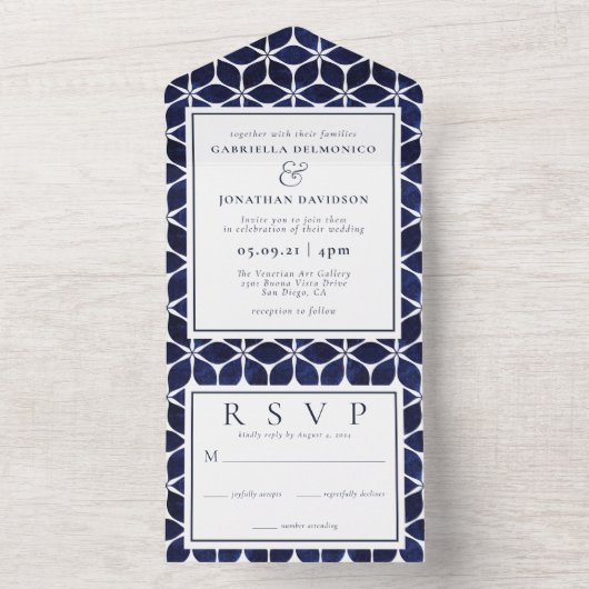 Modern Blue White Moroccan Pattern All In One Uitnodiging (Binnen)