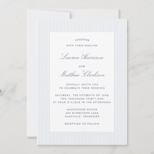 Modern Blue & White Pinstripe Wedding Invitation (Devant)
