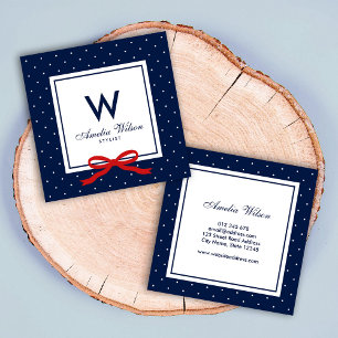 Modern Blue White Polka Dot Red Ribbon Monogram Vierkante Visitekaartje