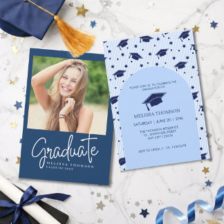 Modern Blue White Script Photo Graduation Party   Kaart