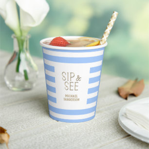 Modern Blue White Striped Baby Boy Sip and See Papieren Bekers