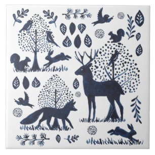 Modern Blue & White Woodland Animal Fox Rabbit Tegeltje