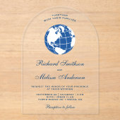 Modern Blue World Map Globe Wedding Acryl Uitnodigingen (Voorkant)