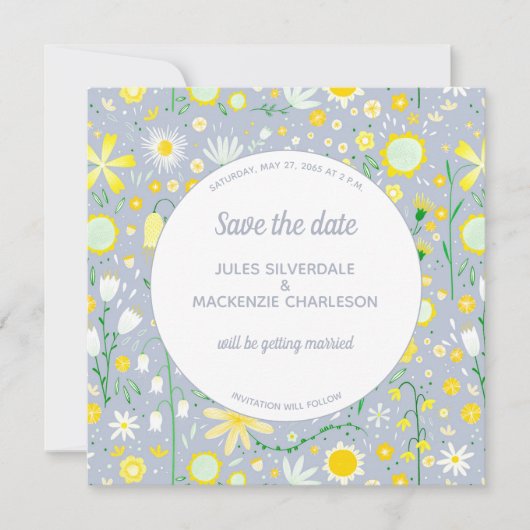 Modern Blue Yellow Floral Save The Date (Voorkant)