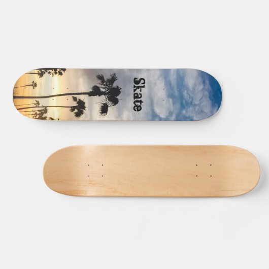 Modern Blue Yellow Personalized Palm Tree Sunset Skateboard (Horizontaal)