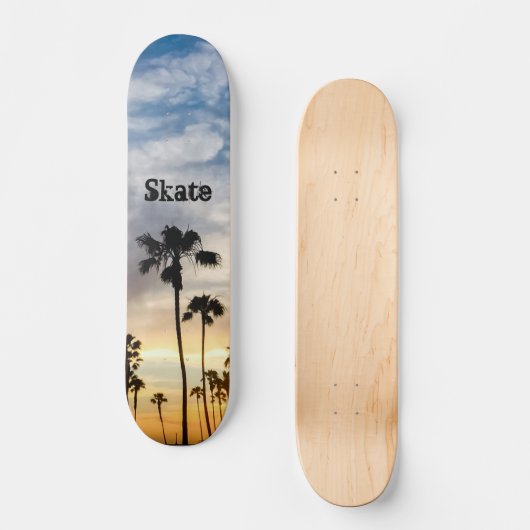 Modern Blue Yellow Personalized Palm Tree Sunset Skateboard (Voorkant)