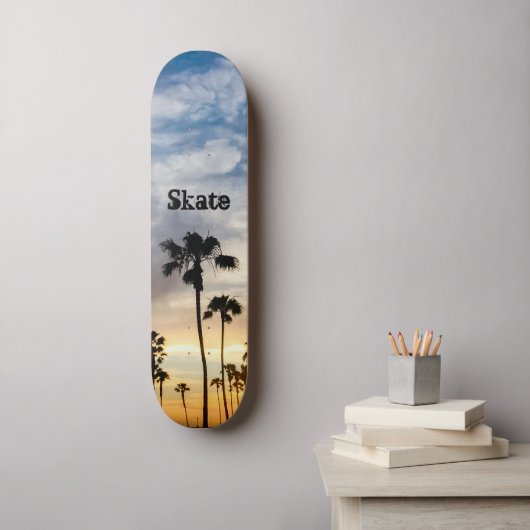 Modern Blue Yellow Personalized Palm Tree Sunset Skateboard (Muurkunst)