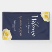 Modern Blue Yellow Roses Floral Wedding Welcome Spandoek (Horizontaal)