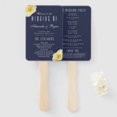 Modern Blue Yellow Roses Script Wedding Programme Handwaaier (Voorkant en achterkant)