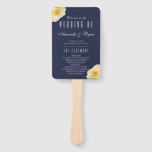 Modern Blue Yellow Roses Script Wedding Programme Handwaaier (Voorkant)