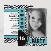 Modern Blue Zebra Sweet 16 Birthday Party Kaart (Voorkant / Achterkant)