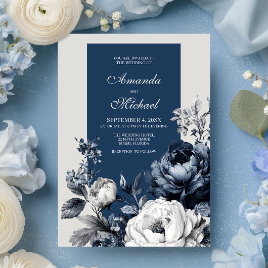 Modern Blues & Grey Bloemen Huwelijk Kaart