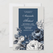 Modern Blues & Grey Bloemen Huwelijk Kaart (Voorkant)