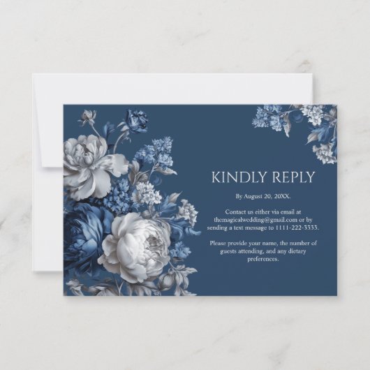 Modern Blues & Grey Bloemen Huwelijk RSVP Kaartje (Voorkant)