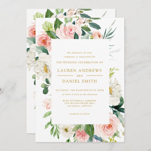 Modern Blush | Alles in één gouden Floral bruiloft Kaart (Voorkant / Achterkant)