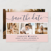 Modern Blush and Navy Blue Wedding 4 Foto Save The Date (Voorkant / Achterkant)