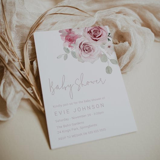 Modern Blush Bloemen Waterverf Rozen Baby shower Kaart