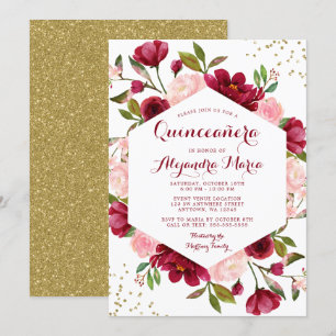 Modern Blush Burgundy Floral Quinceanera Kaart