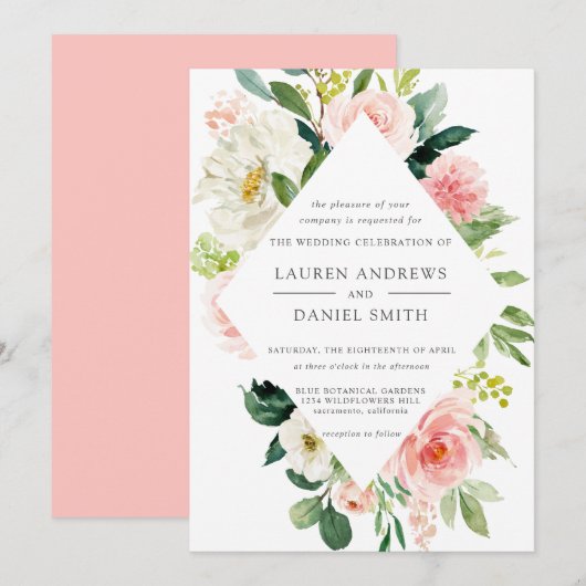 Modern Blush | Chic Diamond Pink Floral Wedding Kaart (Voorkant / Achterkant)