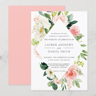 Modern Blush Chic Diamond Pink Floral Wedding Kaart