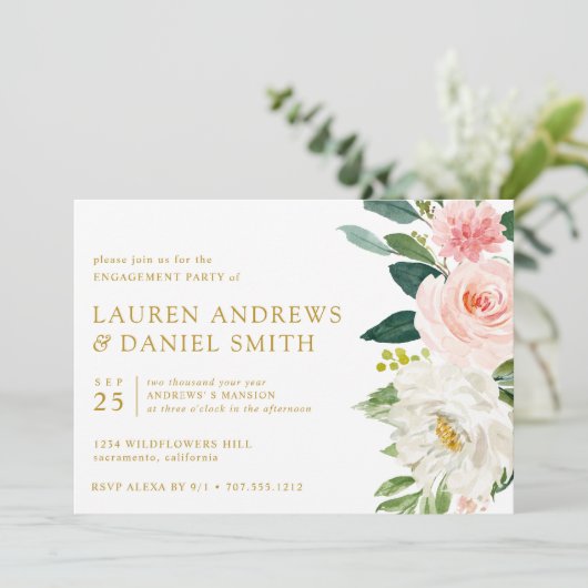 Modern Blush | Chic Floral Gold Engagement Party Kaart (Staand voorkant)