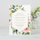 Modern Blush | Chic Geometric Gold Floral Wedding Kaart (Staand voorkant)
