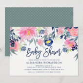 Modern Blush en Navy Floral Baby shower Kaart (Voorkant / Achterkant)