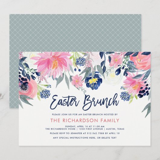 Modern Blush en Navy Floral Easter Brunch Kaart (Voorkant / Achterkant)