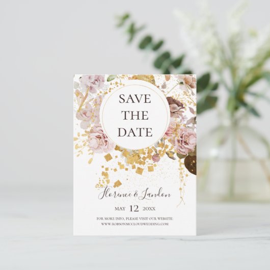Modern Blush Floral | Briefkaart Datum opslaan (Staand voorkant)