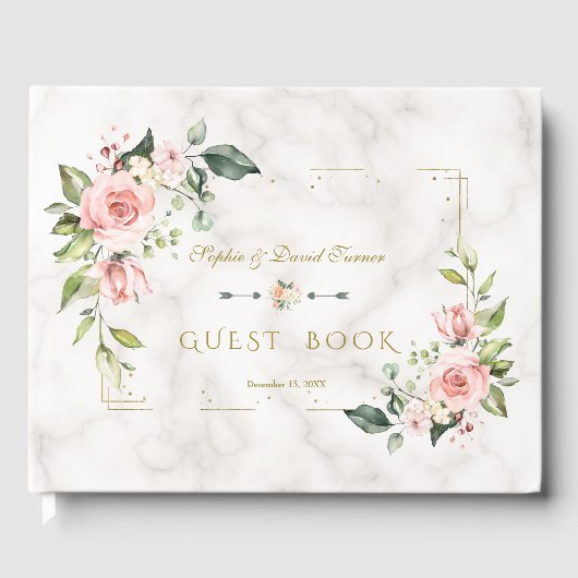 Modern Blush Floral Gold Glitter Marble Wedding Gastenboek (Voorkant)